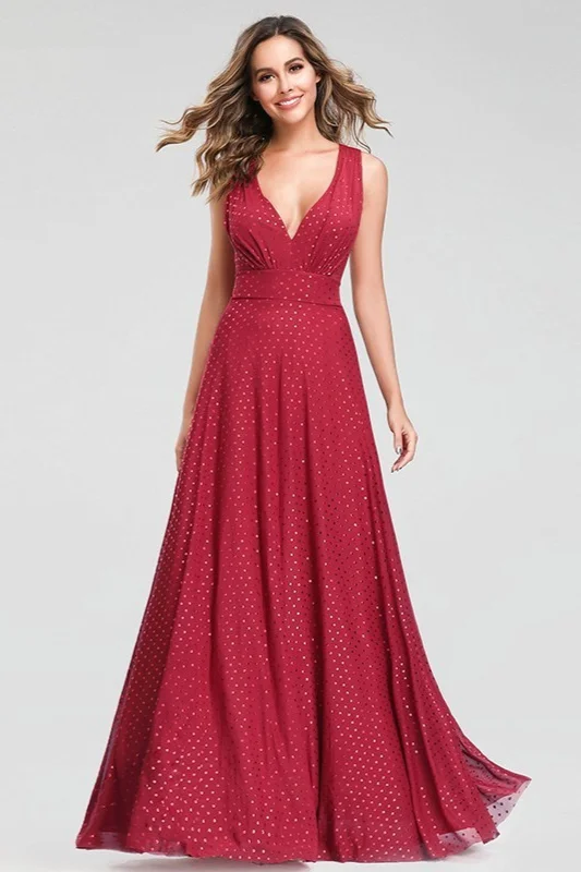 Gorgeous Red V-Neck Sleeveless Long Prom Dress With Sequins