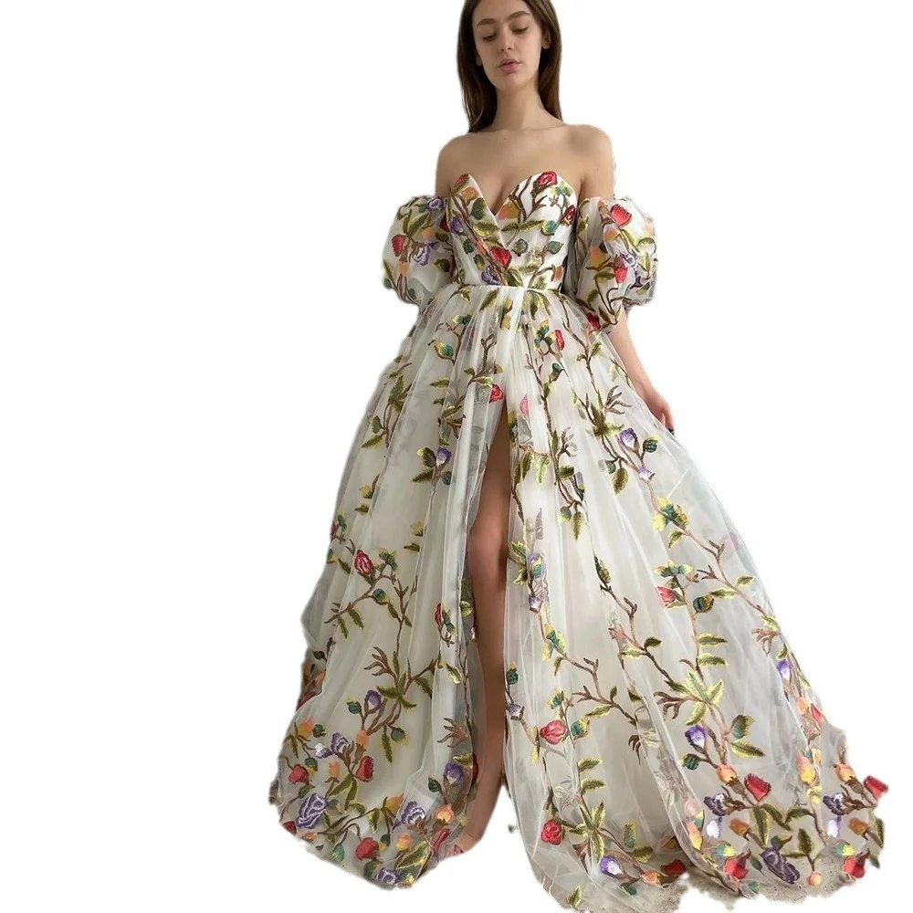 Uveng Uveng Spring And Summer New Women's Dress A Word Shoulder Open Fork Embroidery Temperament Mesh Dress