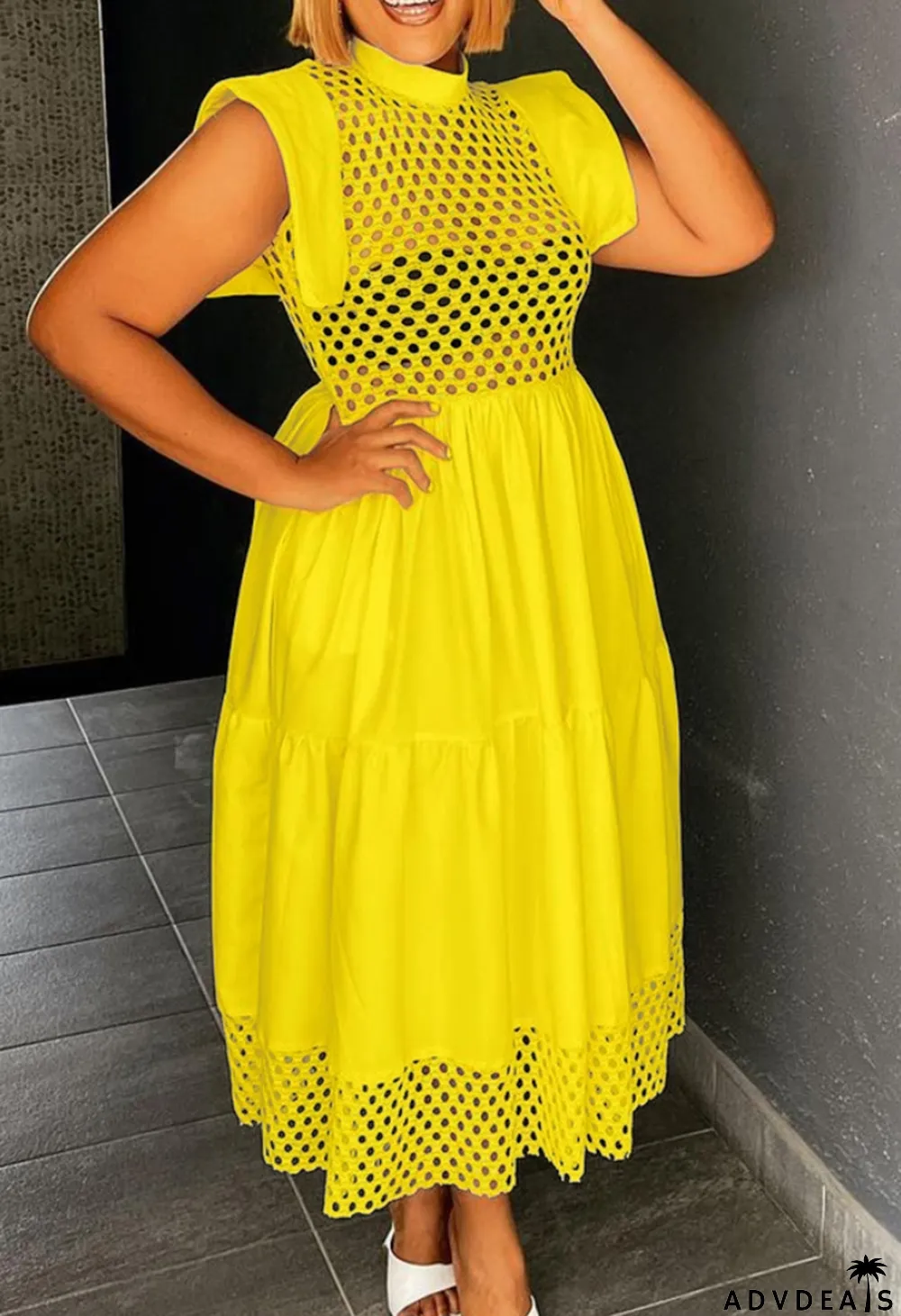 Fall Yellow Hollow Out Sexy Long Skater Dress