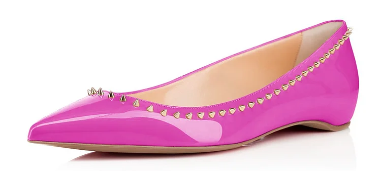 Fuchsia Patent Leather Pointy Toe Dressy Flats with Rivets Vdcoo