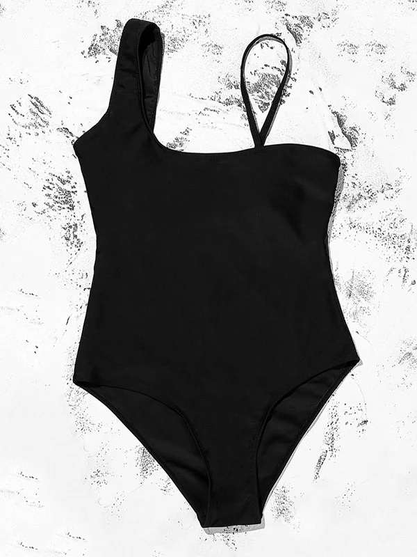 Solid Color Asymmetric Spaghetti-Neck One-Piece Swimwear 
