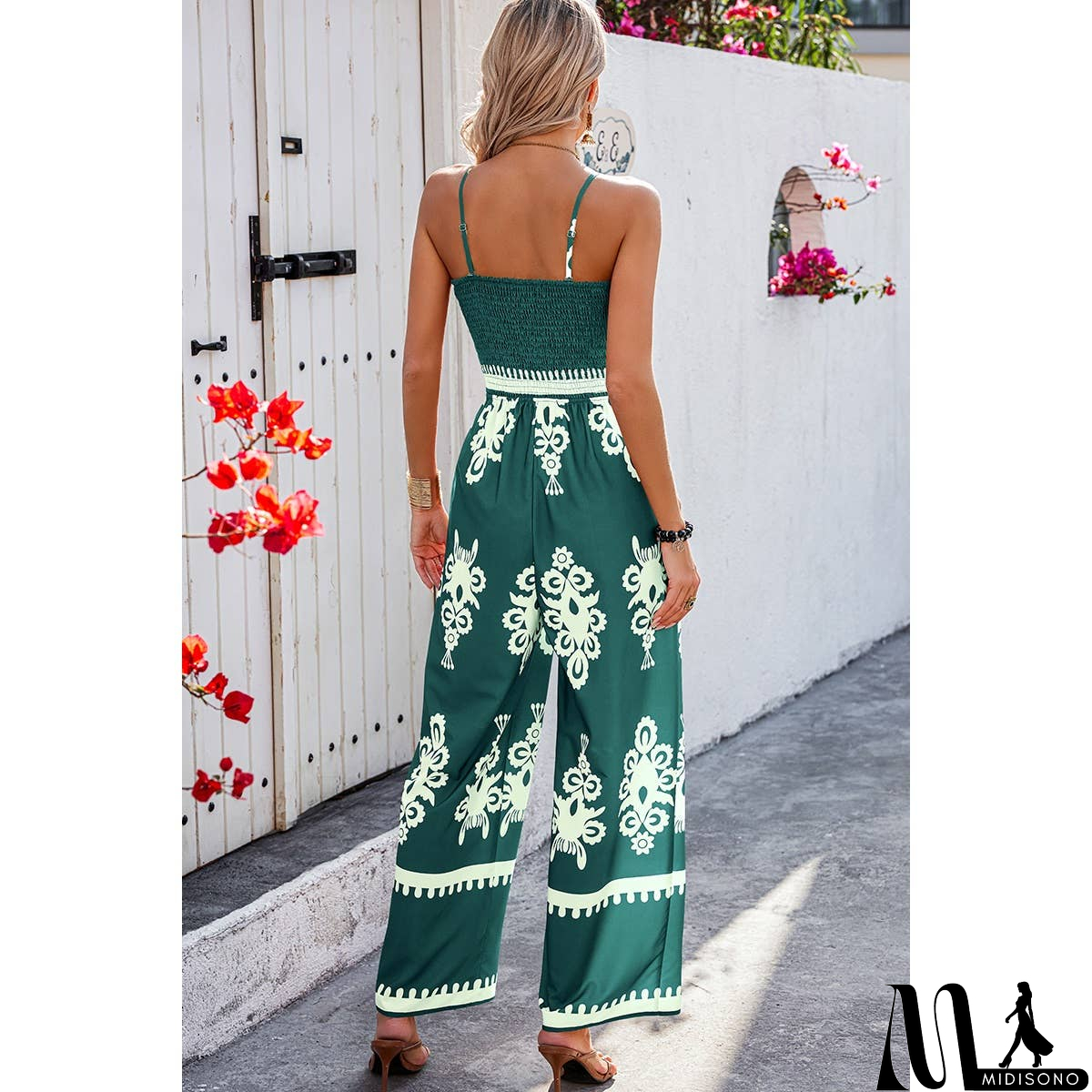 MidiSono - Off Shoulder Ruched Printed High Waist Jumpsuit