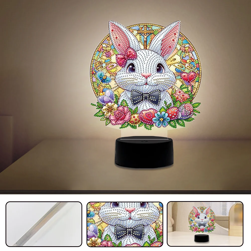 DIY Acrylic Double Sided Bunny Diamond Painting LED Night Light for Easter Decor
