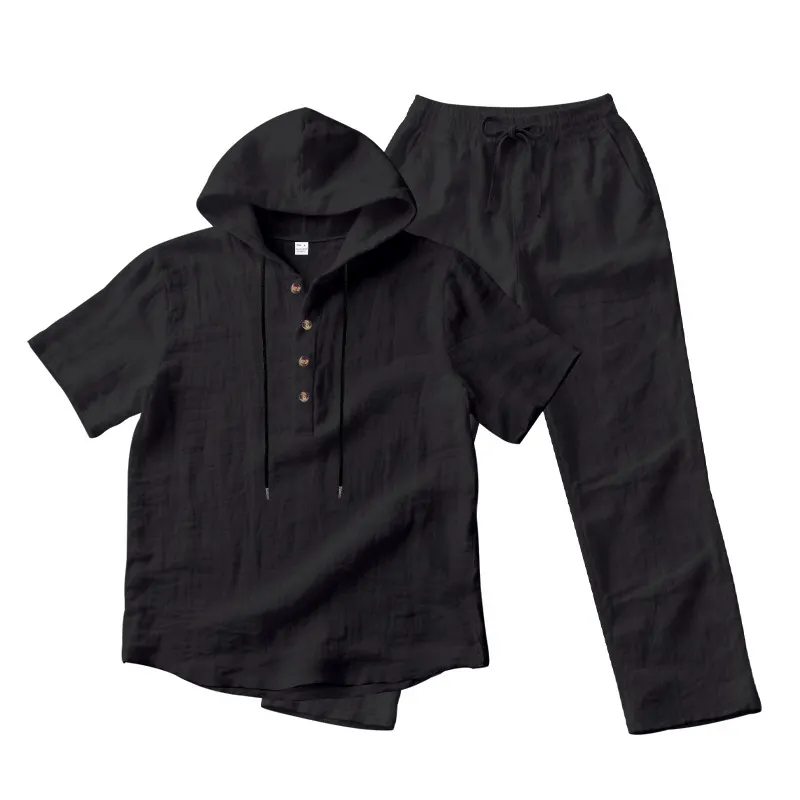 Men’s Summer Short Sleeve Shirt Set Lightweight Premium Linen Hooded Shirt & Loose Straight-Leg Pants Set