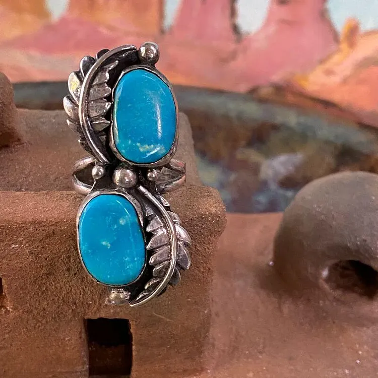 Blue Diamond Mine Double Turquoise Stone Ring with Two Feathers Sterling 8