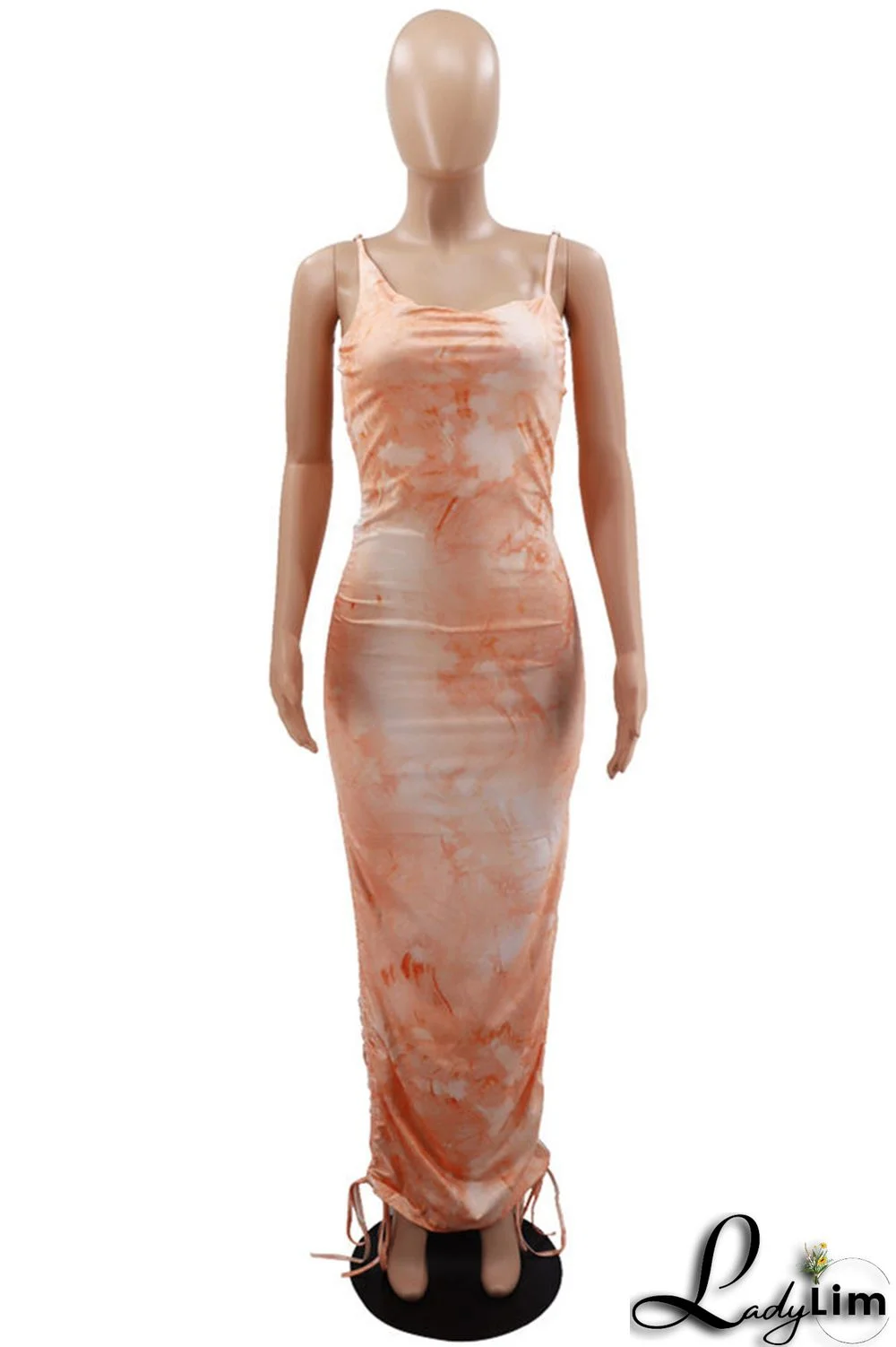 Orange Fashion Sexy Print Tie Dye Draw String Backless Spaghetti Strap Long Dress