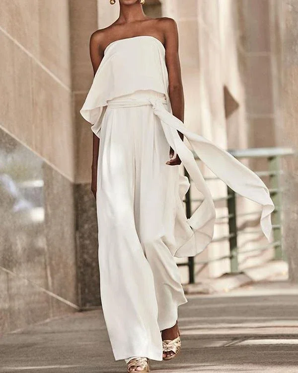 solid cape sleeve hollow out chiffon wide leg jumpsuit p216241