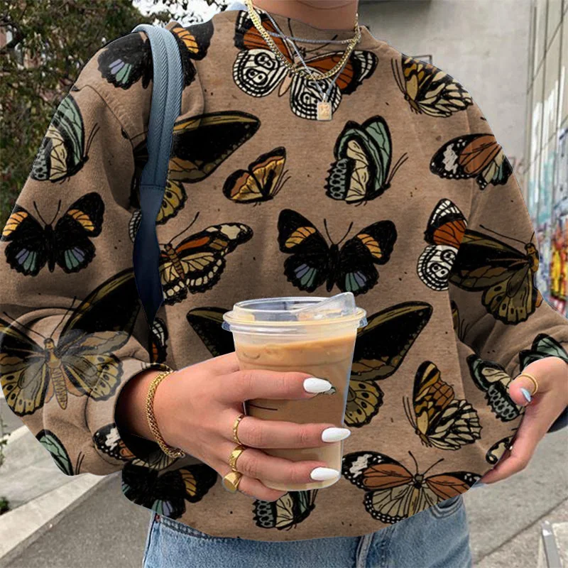 Women's Loose Casual Butterfly Print Long Sleeve Sweatshirt