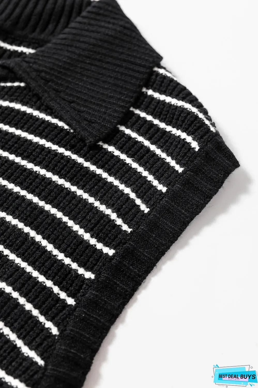 Black Stripe Turn-down V Neck Sweater Tank Top