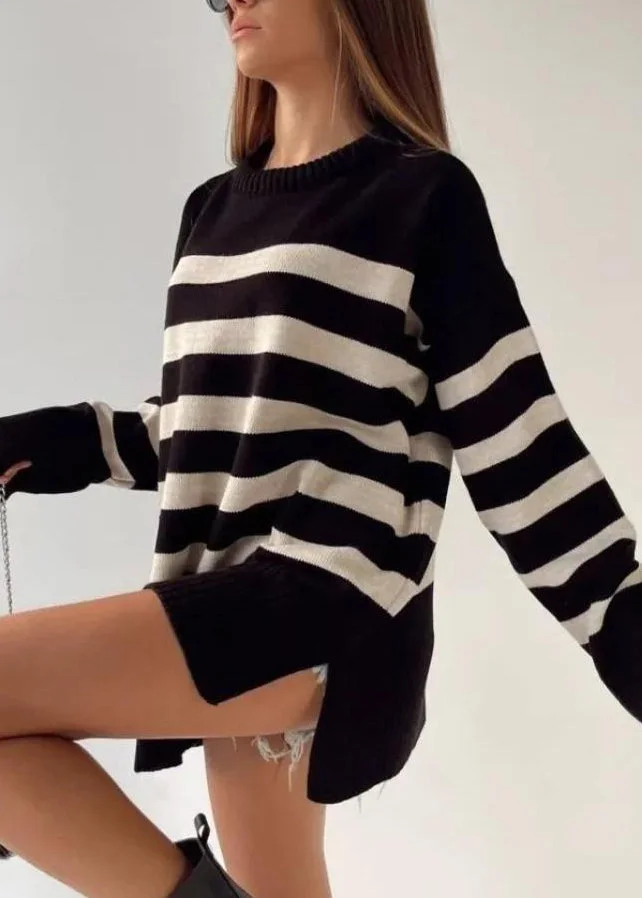 Natural Black O Neck Thick Striped Knit Sweaters Top Fall