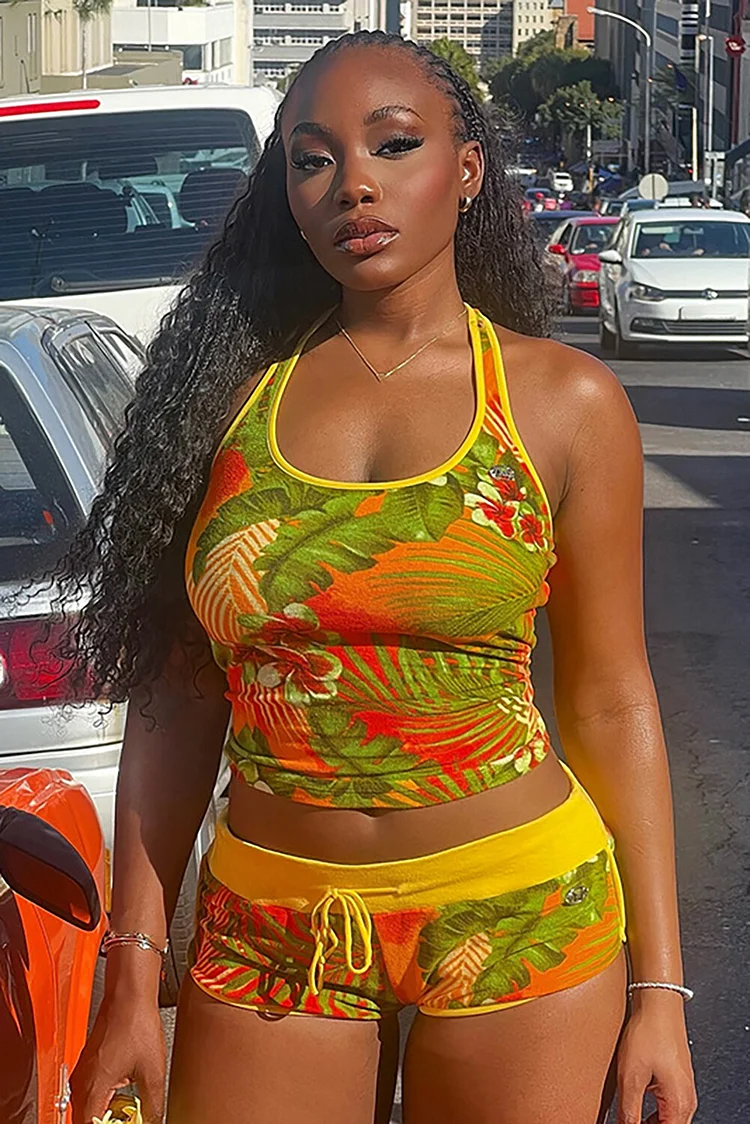 Floral Print Halterneck Crop Top Tie Up Shorts Matching Set-Yellow