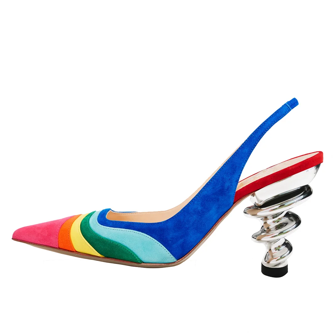 Colorful Enchanting Faux Suede Pointed Slingback Pumps Metallic Heels