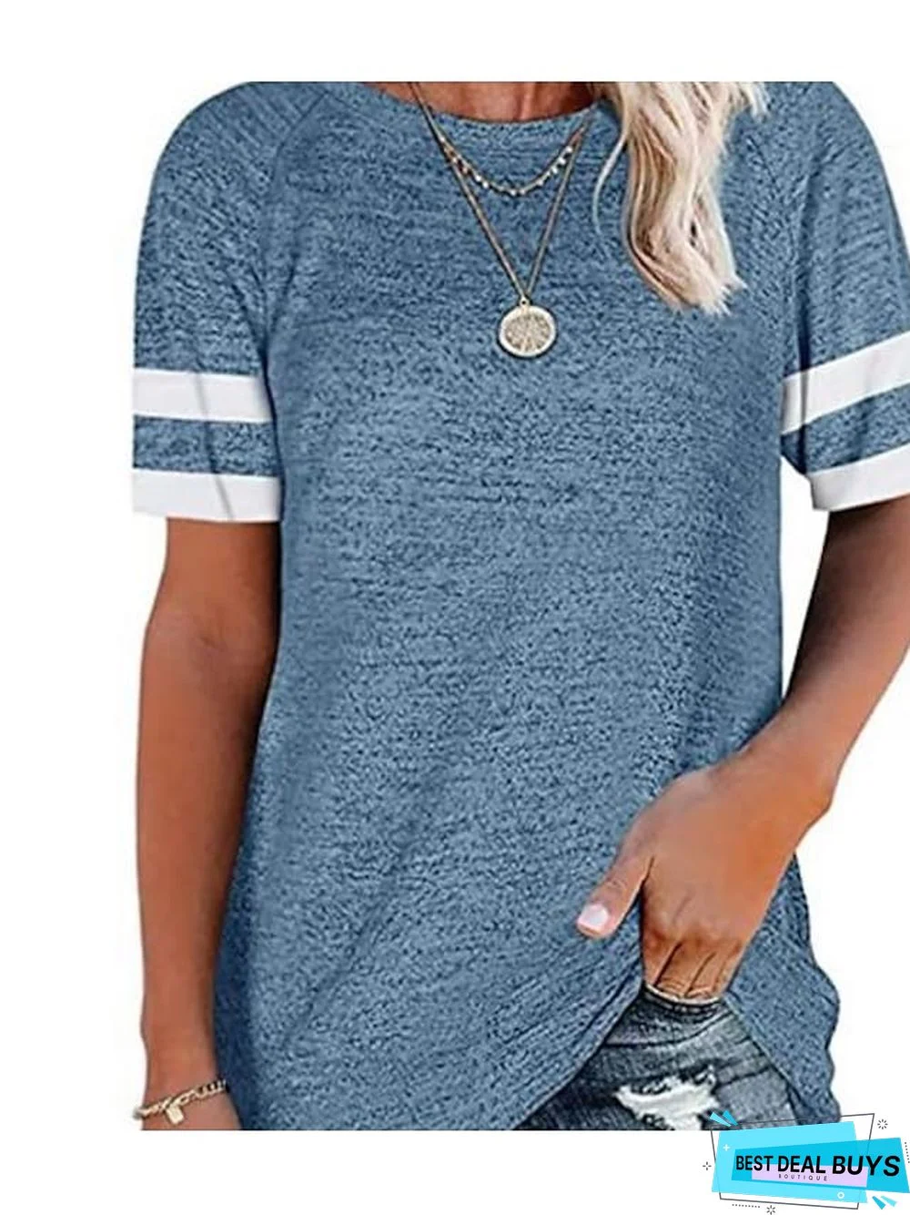 Women's T-Shirt Plain Patchwork Round Neck Tops Cotton Basic Top Black Blue Wine