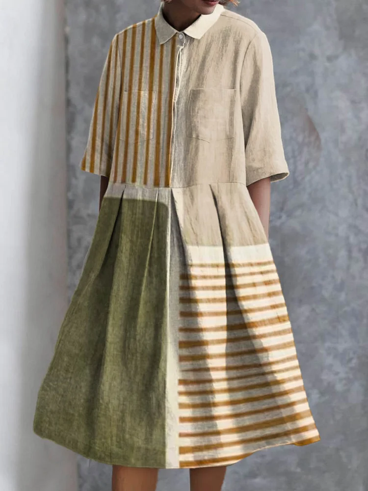 Women's Abstract Geometric Line Pattern Print Pocket Cotton Dress