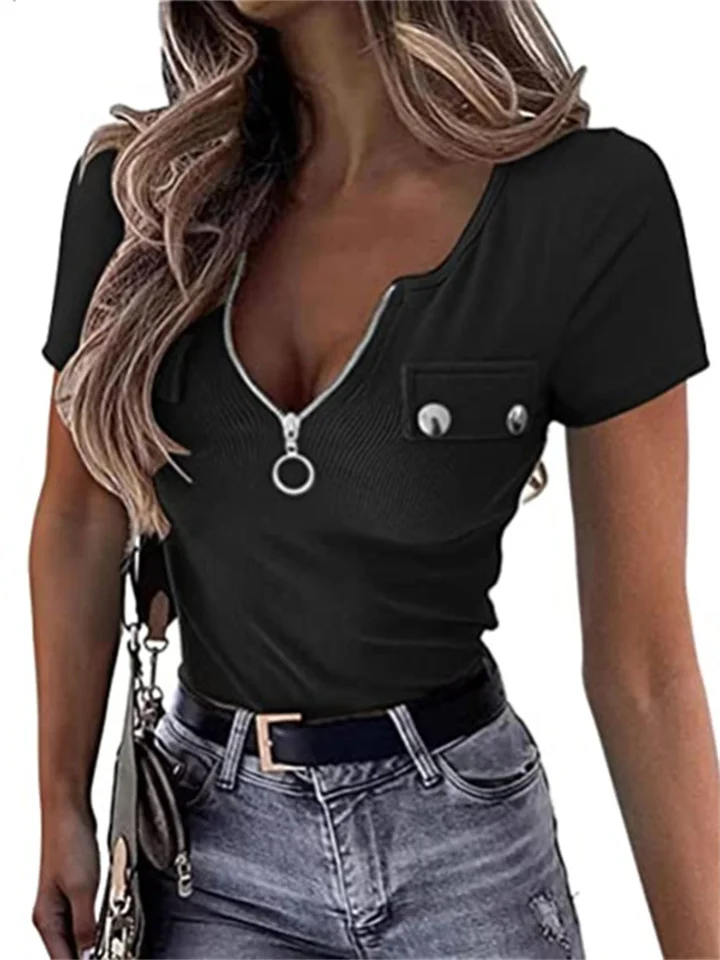 Women's Solid Color Short-sleeved Henley Shirt Sexy Zipper V-neck Ribbed Knit T-shirt Slim Basic Temperament Commuter Summer Tops-JRSEE
