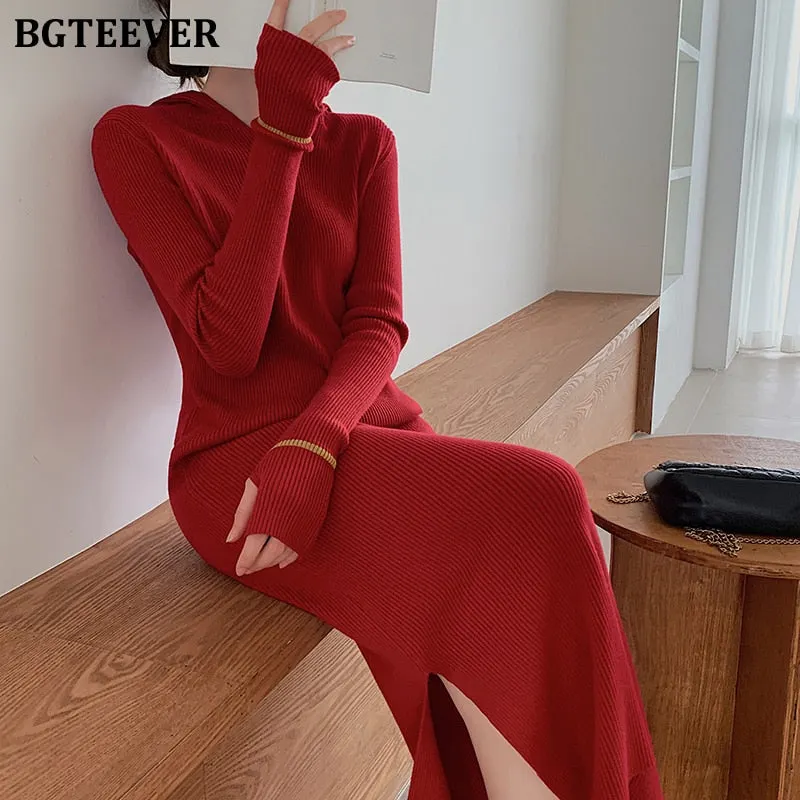 BGTEEVER New Autumn Hooded Side Split Female Knitted Dress Stretched Sweater Women Dress Casual Ladies Pullovers Vestidos 2021