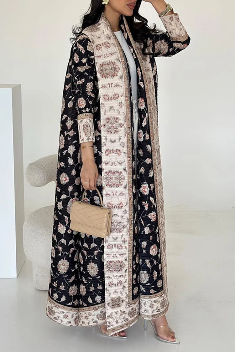 Shawl Collar Pattern Print Pleated Loose-Fit Abaya Long Cardigan