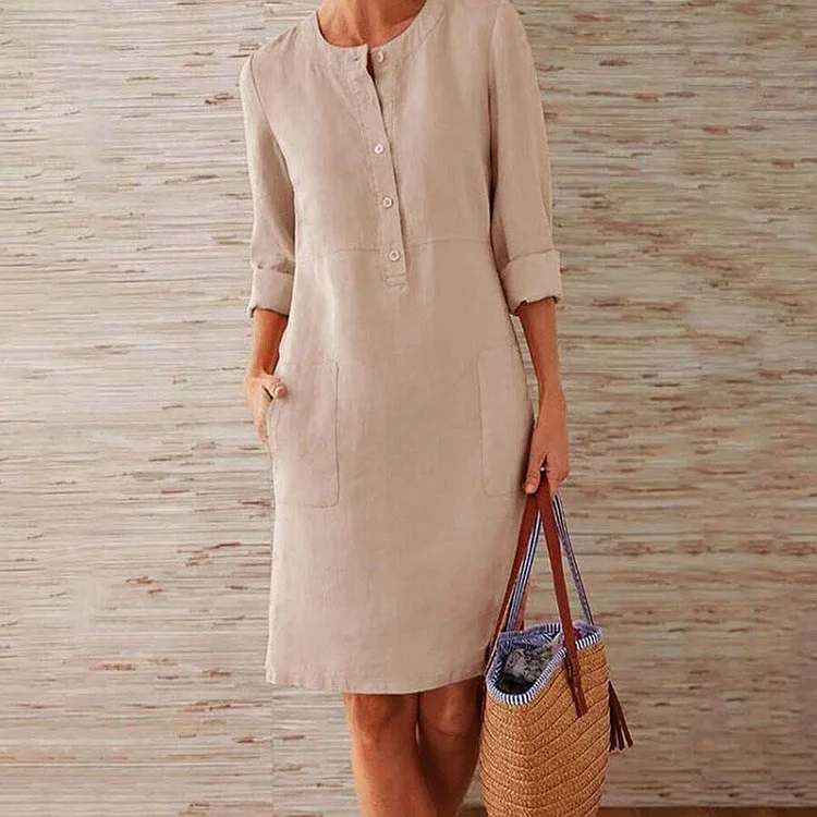 Pure Color Casual Cotton And Linen Round Neck Dress