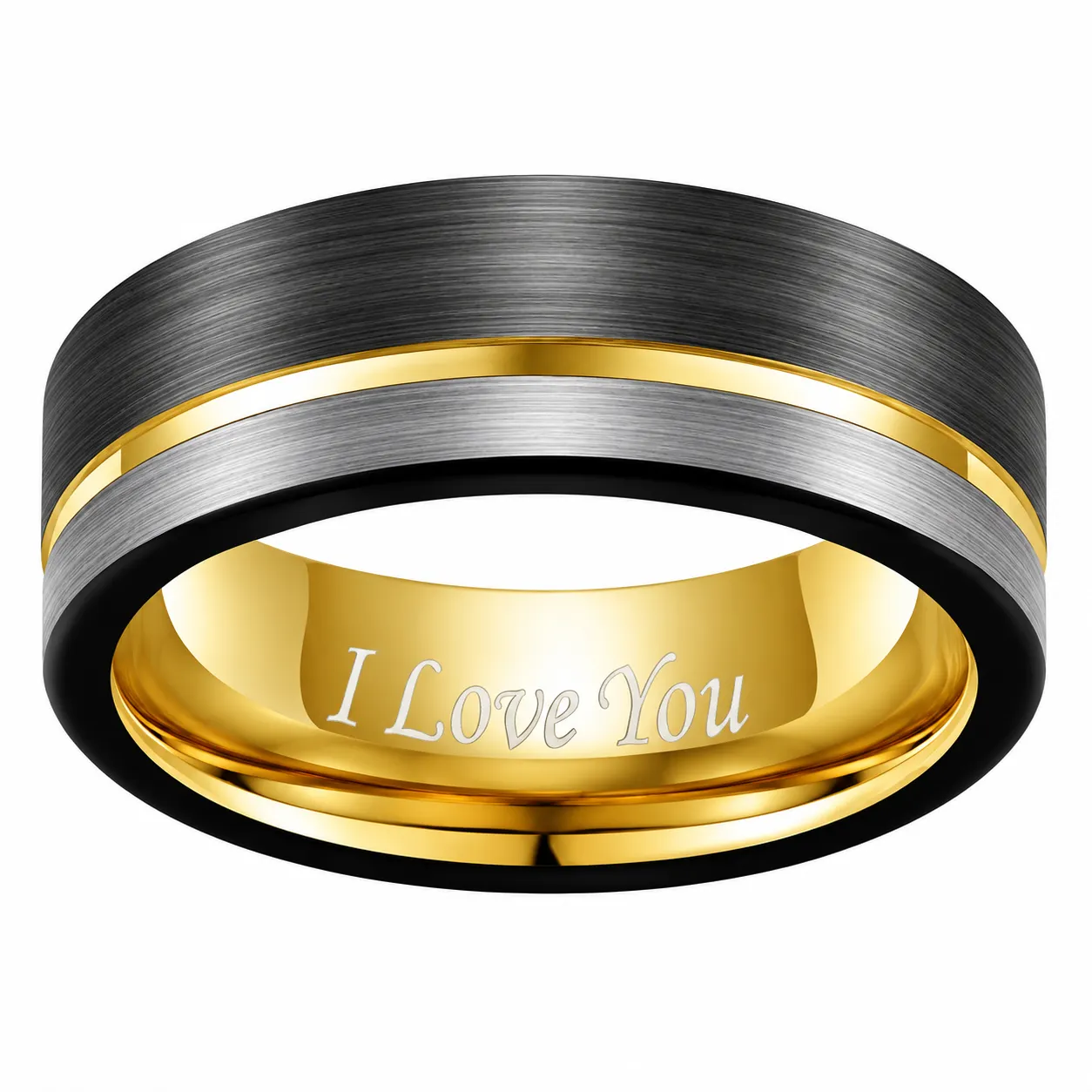  Triple Tone Black Gray Yellow Gold Striped Pattern Tungsten Rings