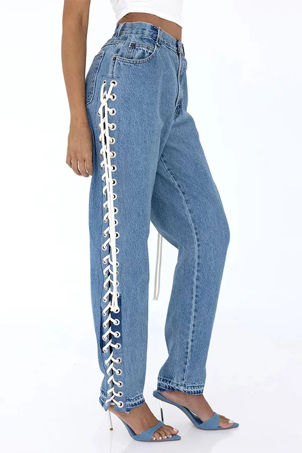 Solid Color Smart Side Eyelets Strappy Jeans