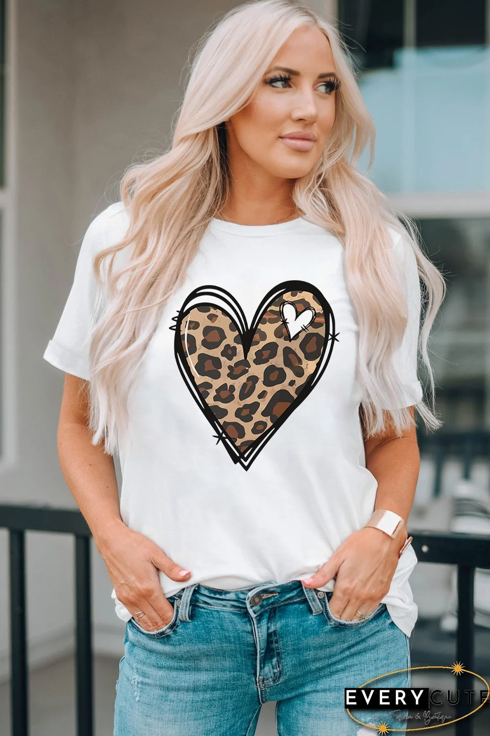 White Leopard Heart Pattern Print Valentines T Shirt