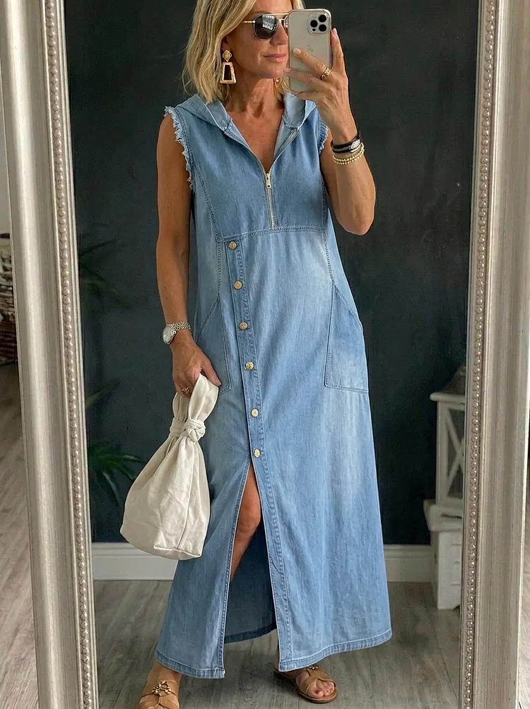 Women&rsquo;s Sleeveless Side-single-breasted Split Denim Hooddie Maxi Dress