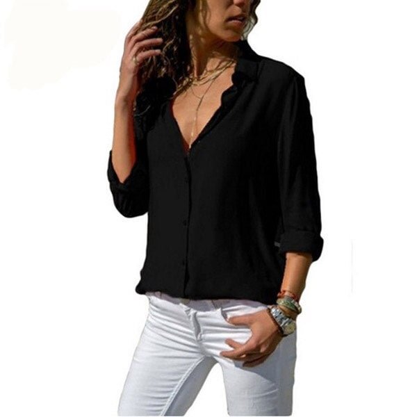 2021 Spring Autumn Sexy Deep V Neck Chiffon Long Sleeve Ladies Work Shirts Casual Slim Button Women's Blouse White Solid Tops