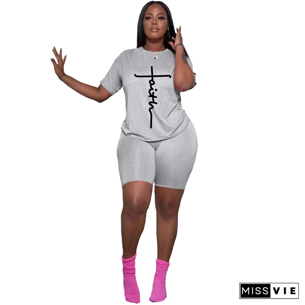 Letter Short Sleeve T Shirts and Shorts 2 Piece Outfits