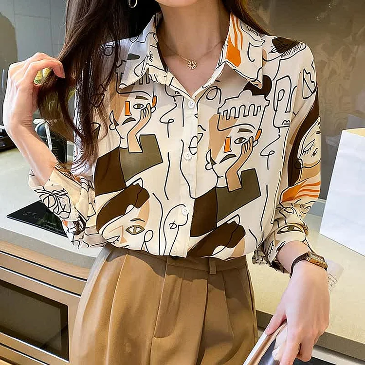 Abstract Graffiti Print Chiffon Shirt Workwear - Modakawa modakawa