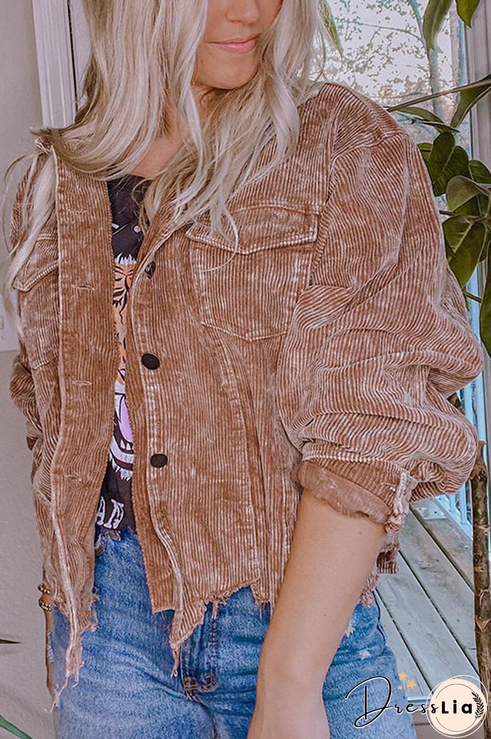 Frayed Hem Cropped Corduroy Jacket