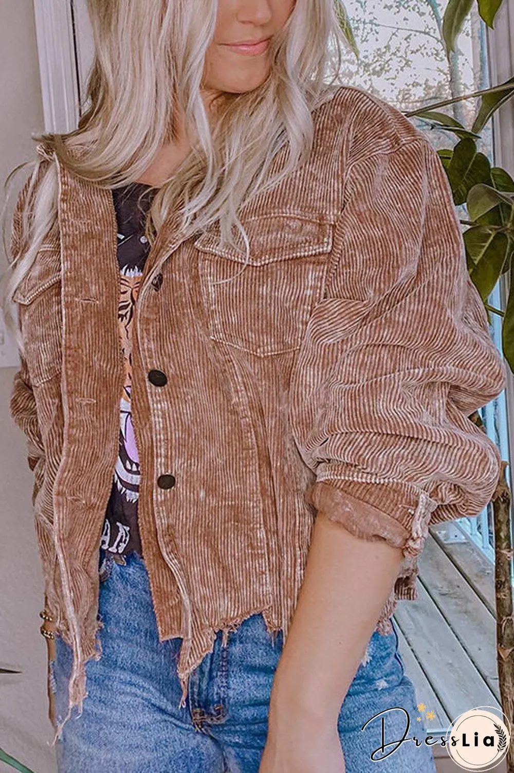 Frayed Hem Cropped Corduroy Jacket
