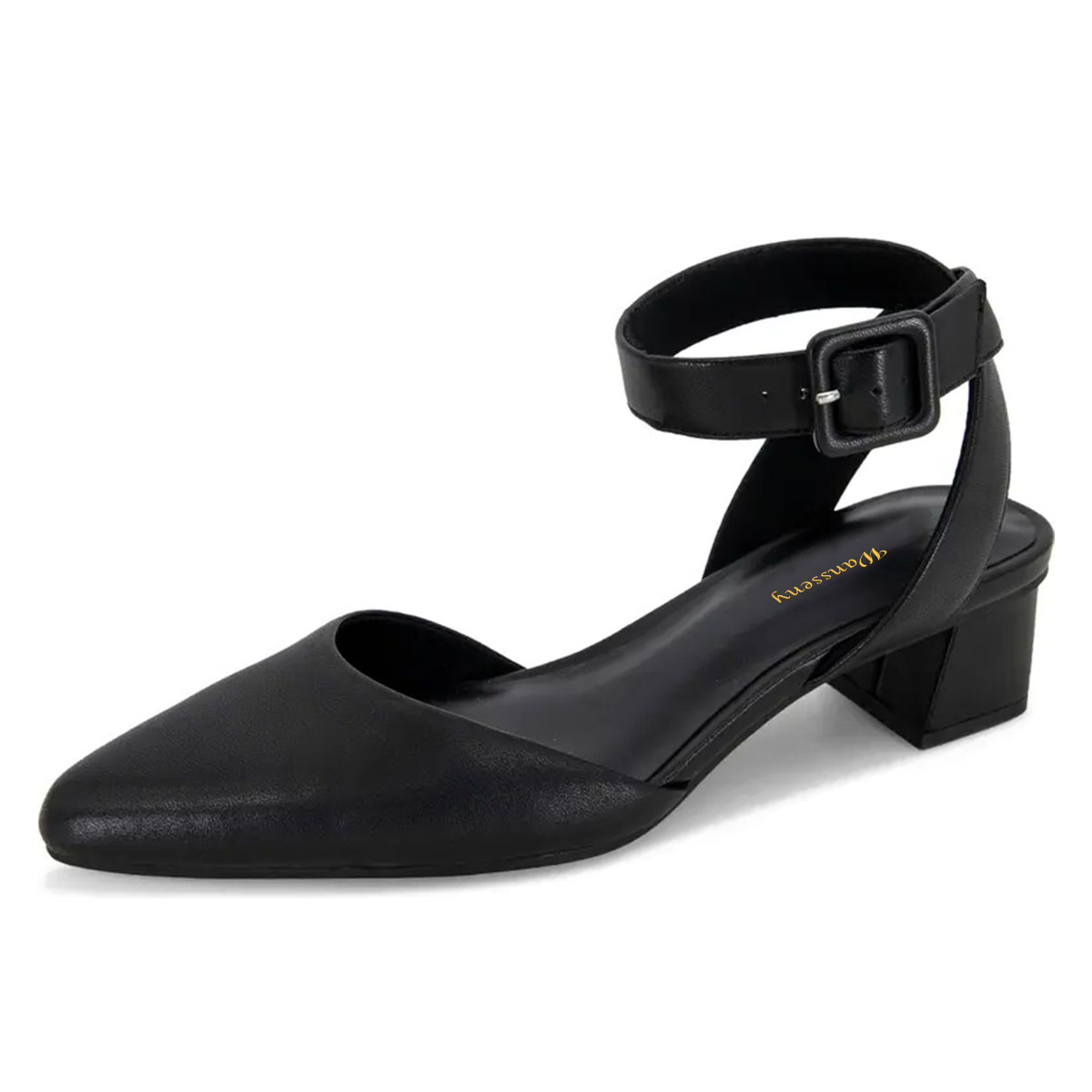 Black Closed Pointed Toe Block Heel Buckled Ankle Strap Womens Sandals Nicepairs