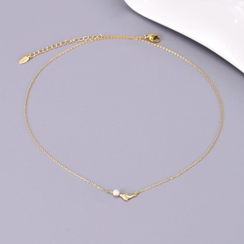 Cute Minimalist Dolphin 304 Stainless Steel Titanium Steel Pearl 18K Gold Plated Inlay Necklace