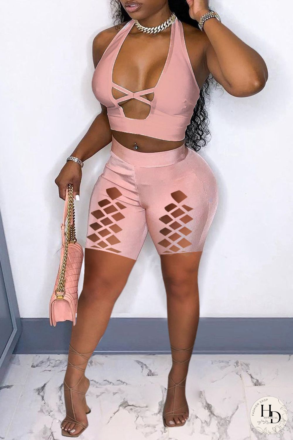 Orange Fashion Sexy Solid Hollowed Out Backless Halter Skinny Two-piece Set