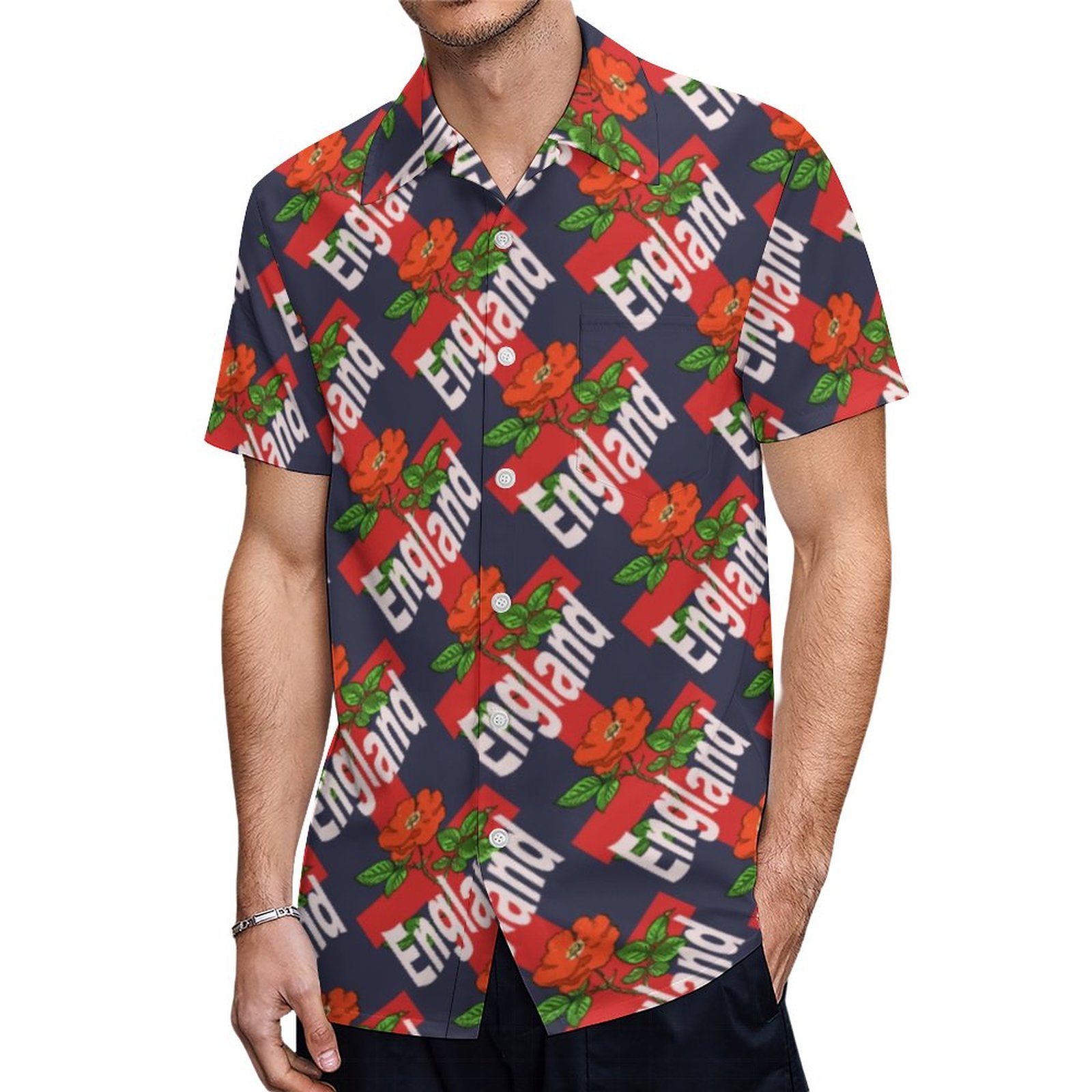 St George Cross With Tudor Rose And England Text Hawaiian Shirt Mens Button Down Tropical Hawaii Beach Shirts