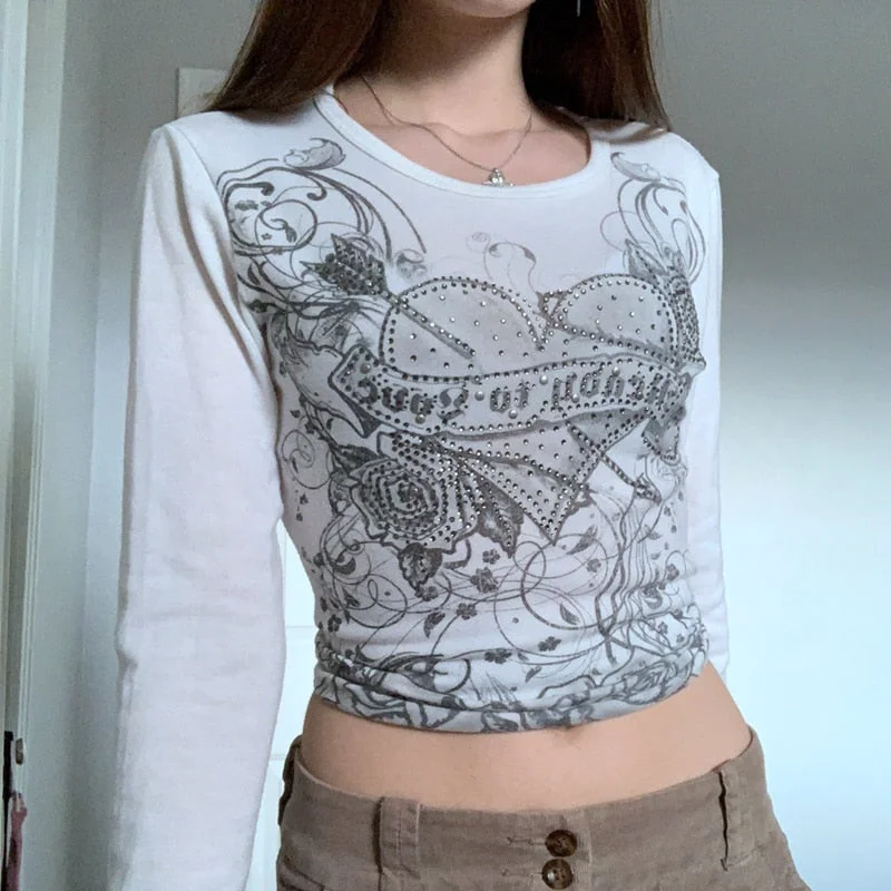 y2k Fairy Grunge Diamonds Graphic Print Crop Top Autumn Long Sleeve Slim Fit Pullovers Tees Women Vintage White Crop Top Clothes