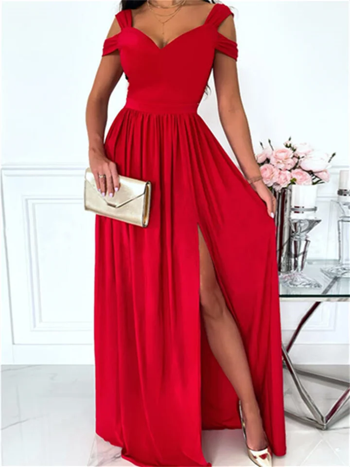 Women's Party Dress Sheath Dress Long Dress Maxi Dress Red Short Sleeve Pure Color Ruched Winter Fall Spring Deep V Fashion Party Christmas Wedding Guest 2022 S M L XL 2XL 3XL-Cosfine