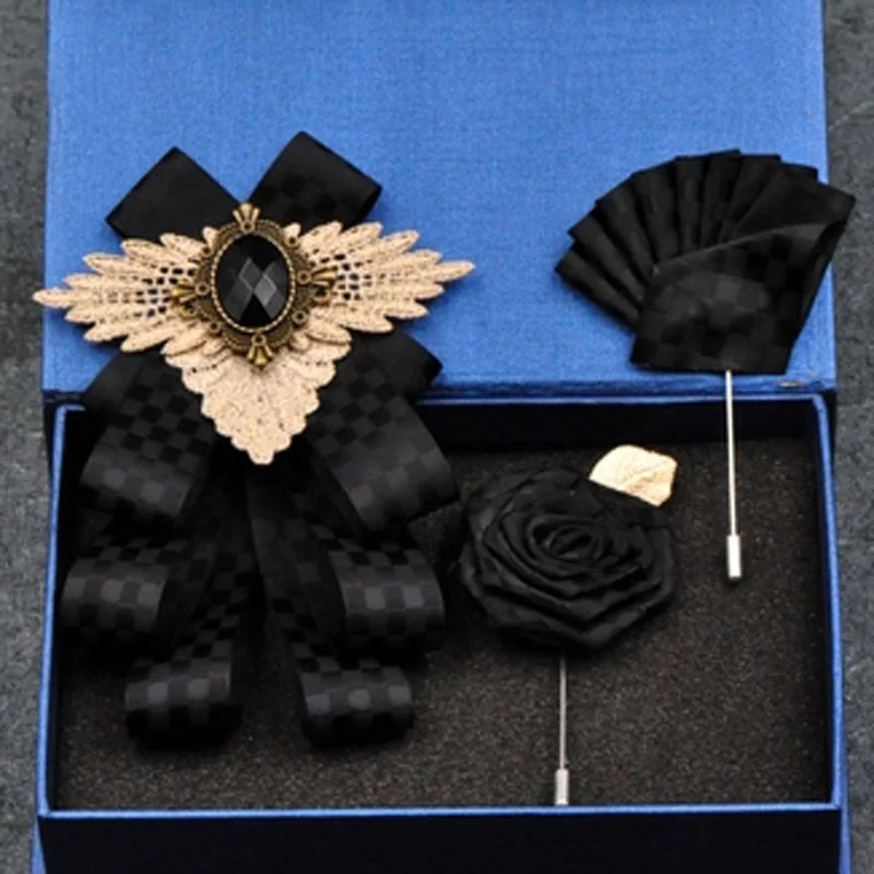 New Bow Tie Vintage Rhinestone Handmade Ribbon Brooch Bowtie Elegant Jewelry Collar Pin Cravat Wedding Accessories Pocket Square