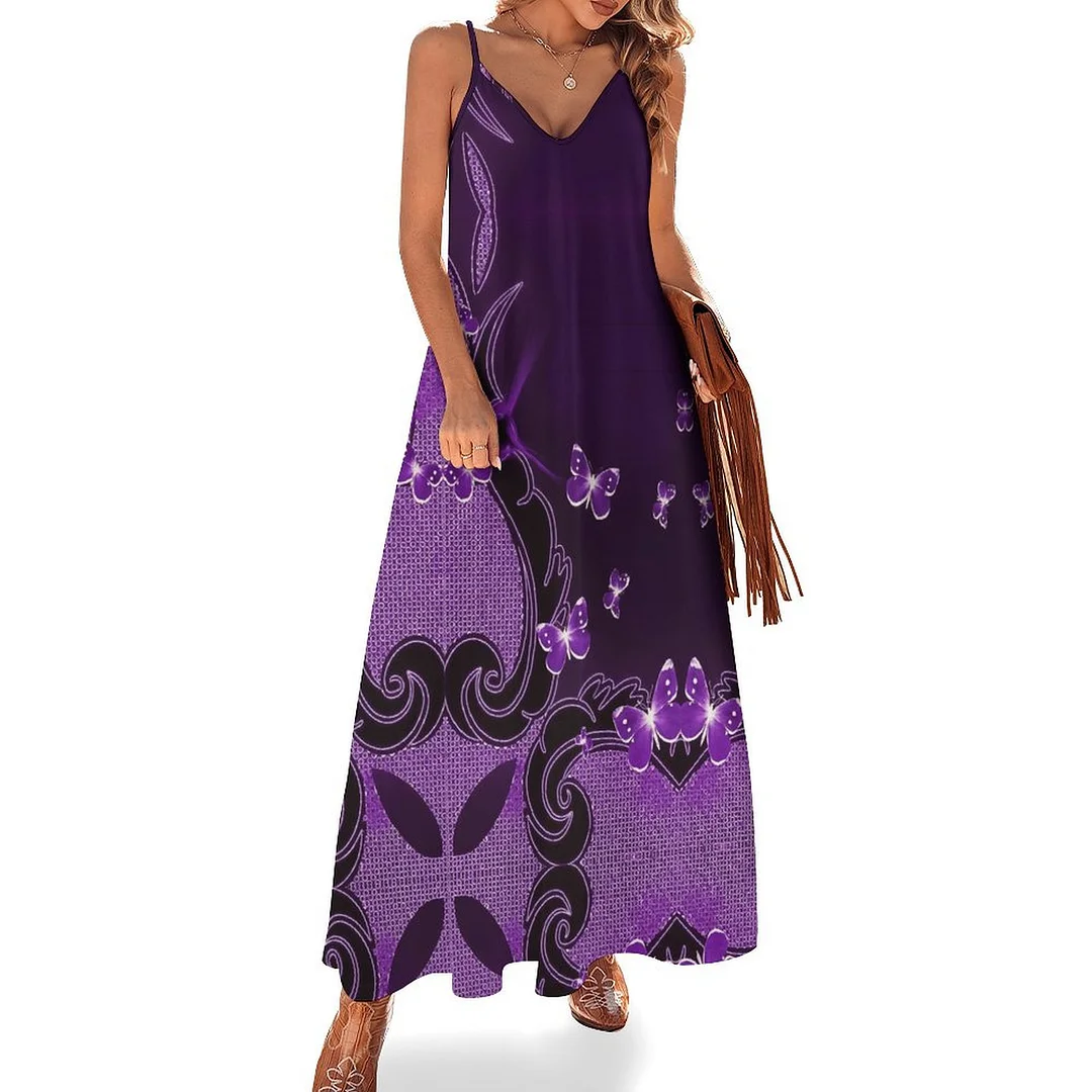 Style & Comfort for Mature Women Plus Size Printed Sling Casual Women Maxi Dress in Pattern Butterfly, Purple, Black