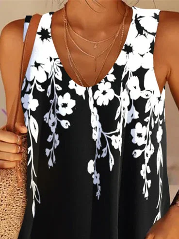 Women's Balck and White Scoop Neck Sleeveless Floral Printed Tops