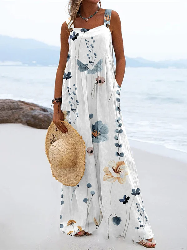 Split-Joint Pockets Pleated Flower Print Buttoned Wide Leg Sleeveless Square-Neck Jumpsuits
