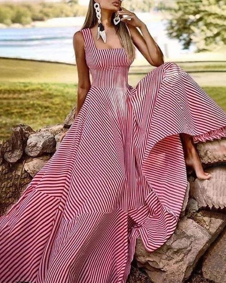 Pink Striped Print Long Slip Dress