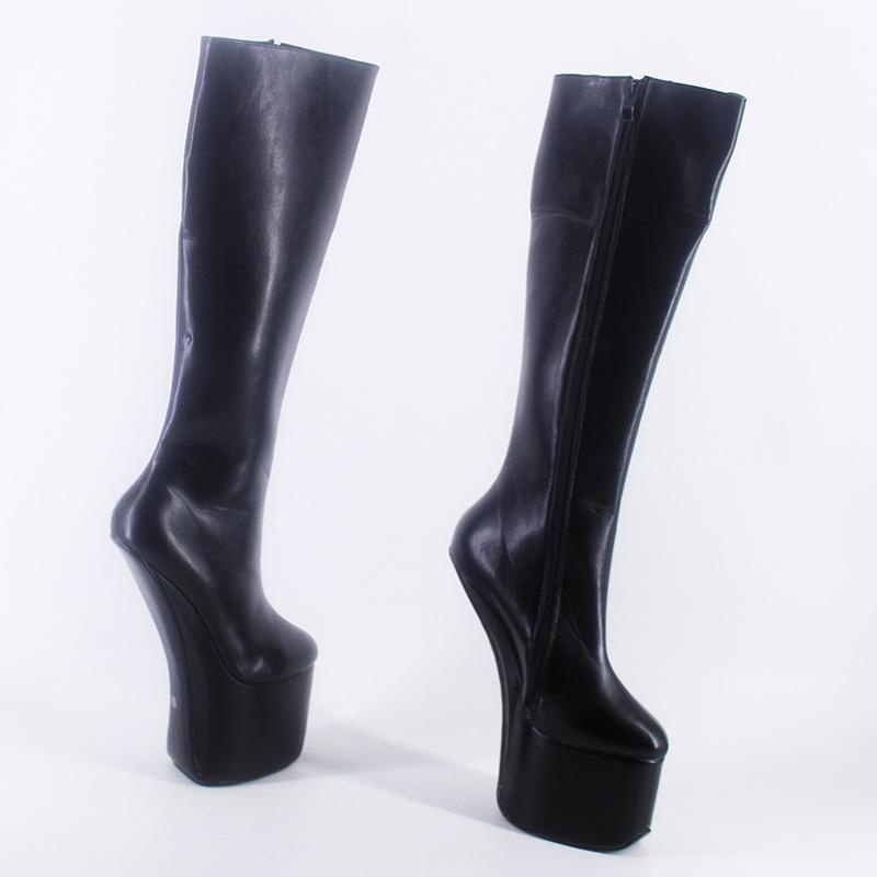 22cm Hoof Heels Black Leather Platform Knee High Heelless Dancing Plus Size Long Boots