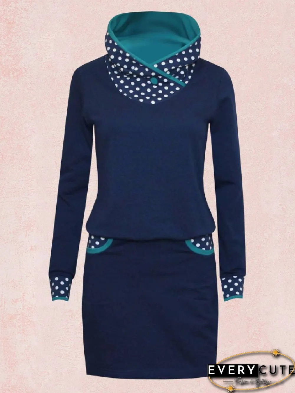 Deep Blue Long Sleeve Polka Dots Turtleneck Knitting Dress