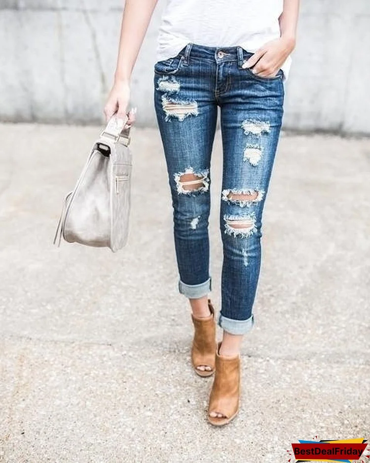 Fashion Denim Pencil Pants Ripped Skinny Jeans For Women