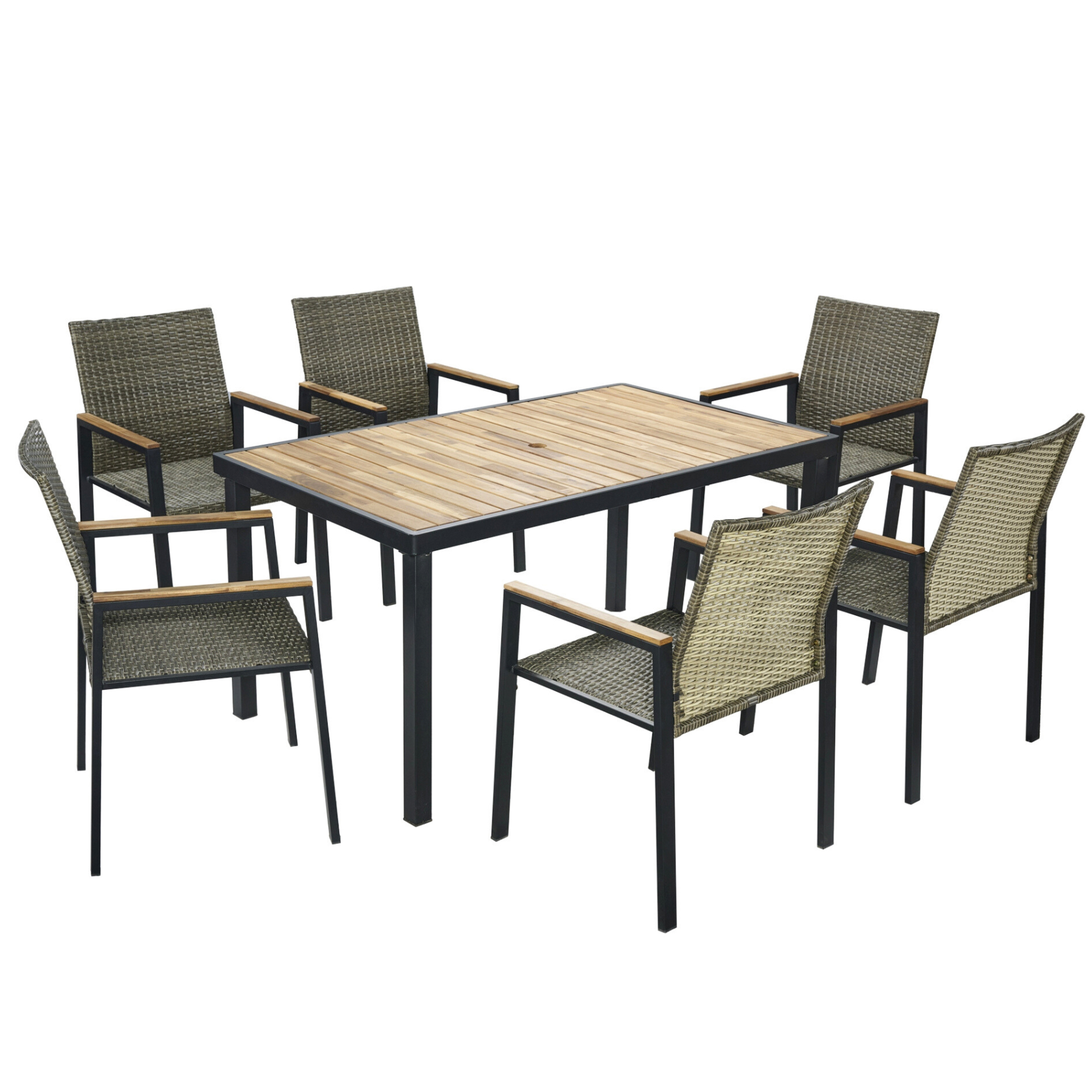 GRANDJOY All-Weather 7-Piece Patio Dining Set with Acacia Wood Table & Umbrella Hole, Rattan Wicker Conversation Set for 6, Brown Gray
