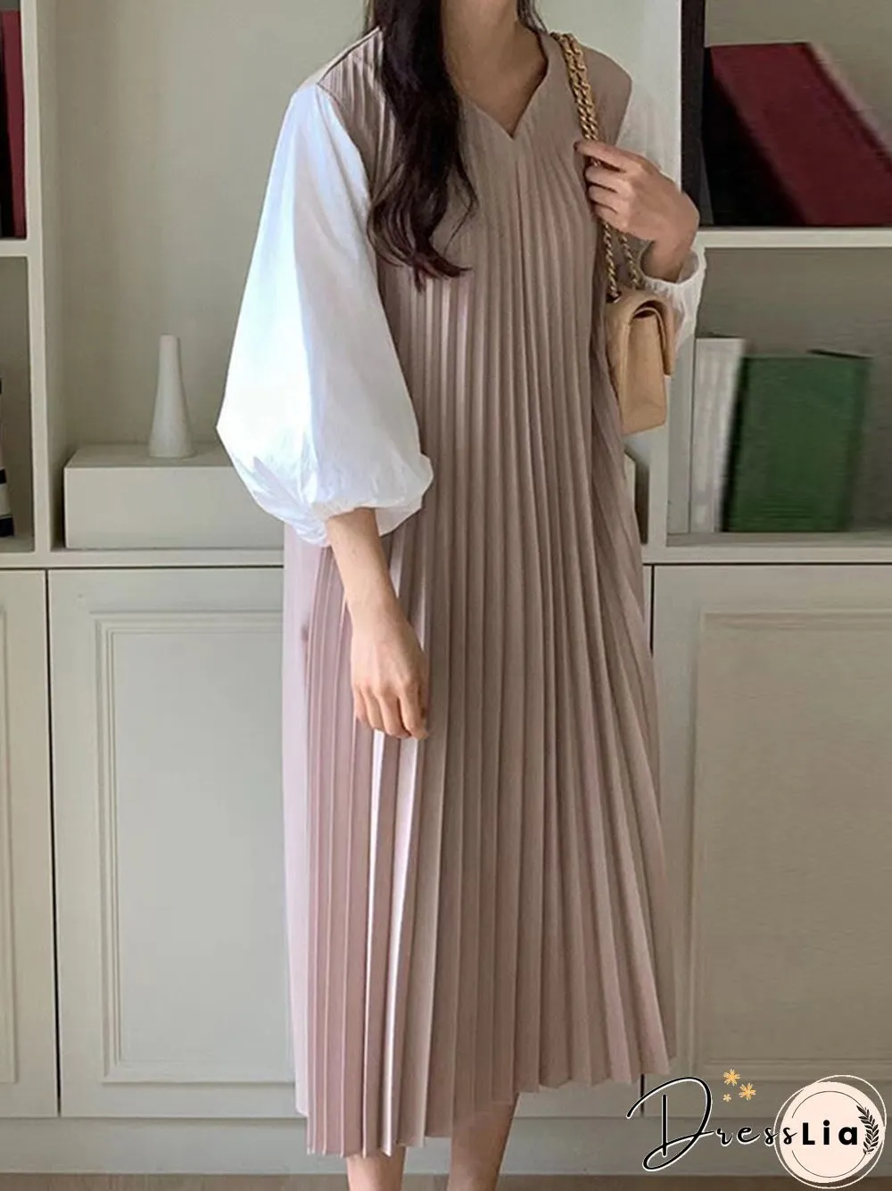 Patchwork Pleats V Neck Lantern Sleeve Casual Dress