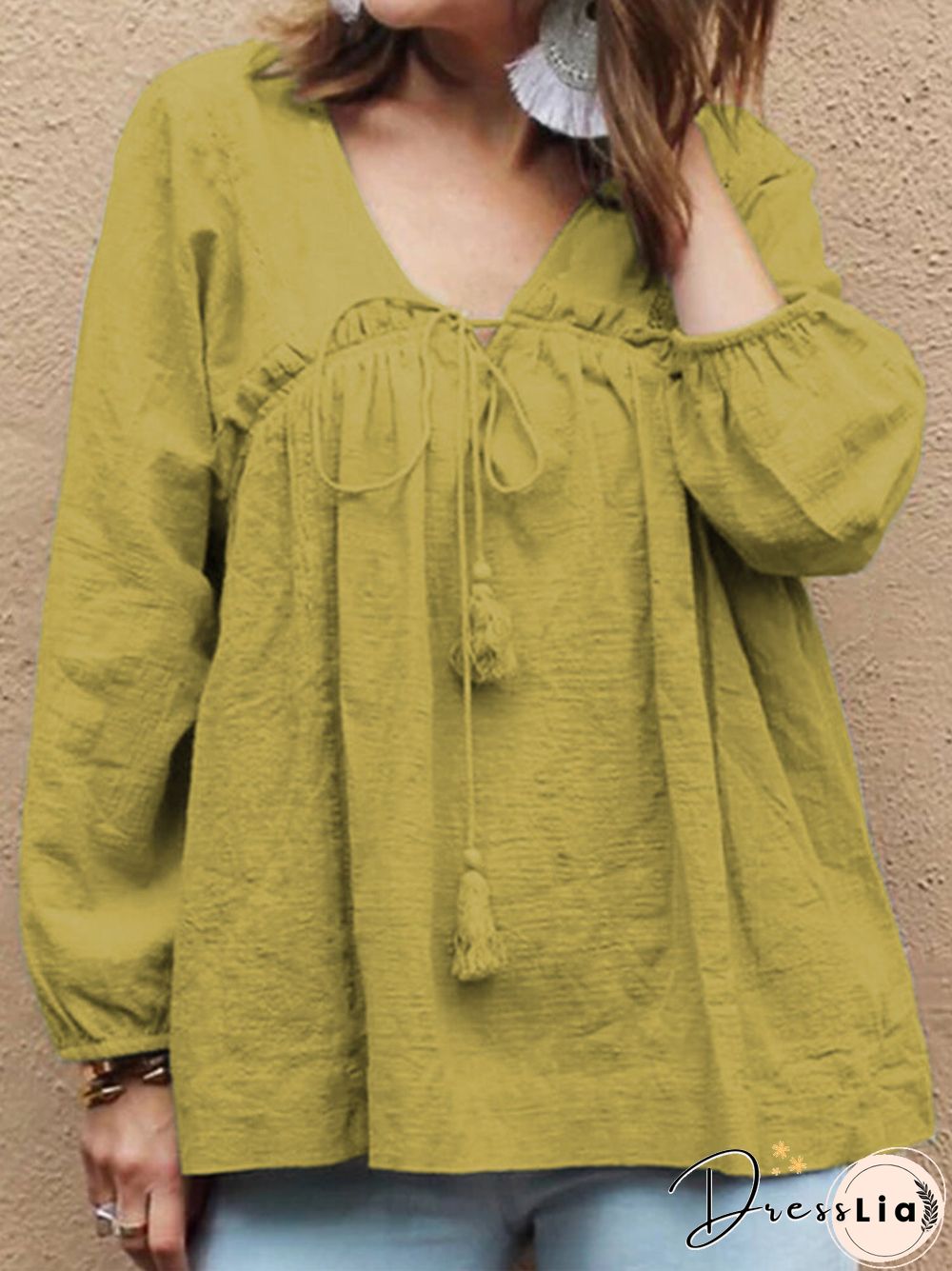 Solid Color Bandage Long Sleeve Loose Blouse For Women