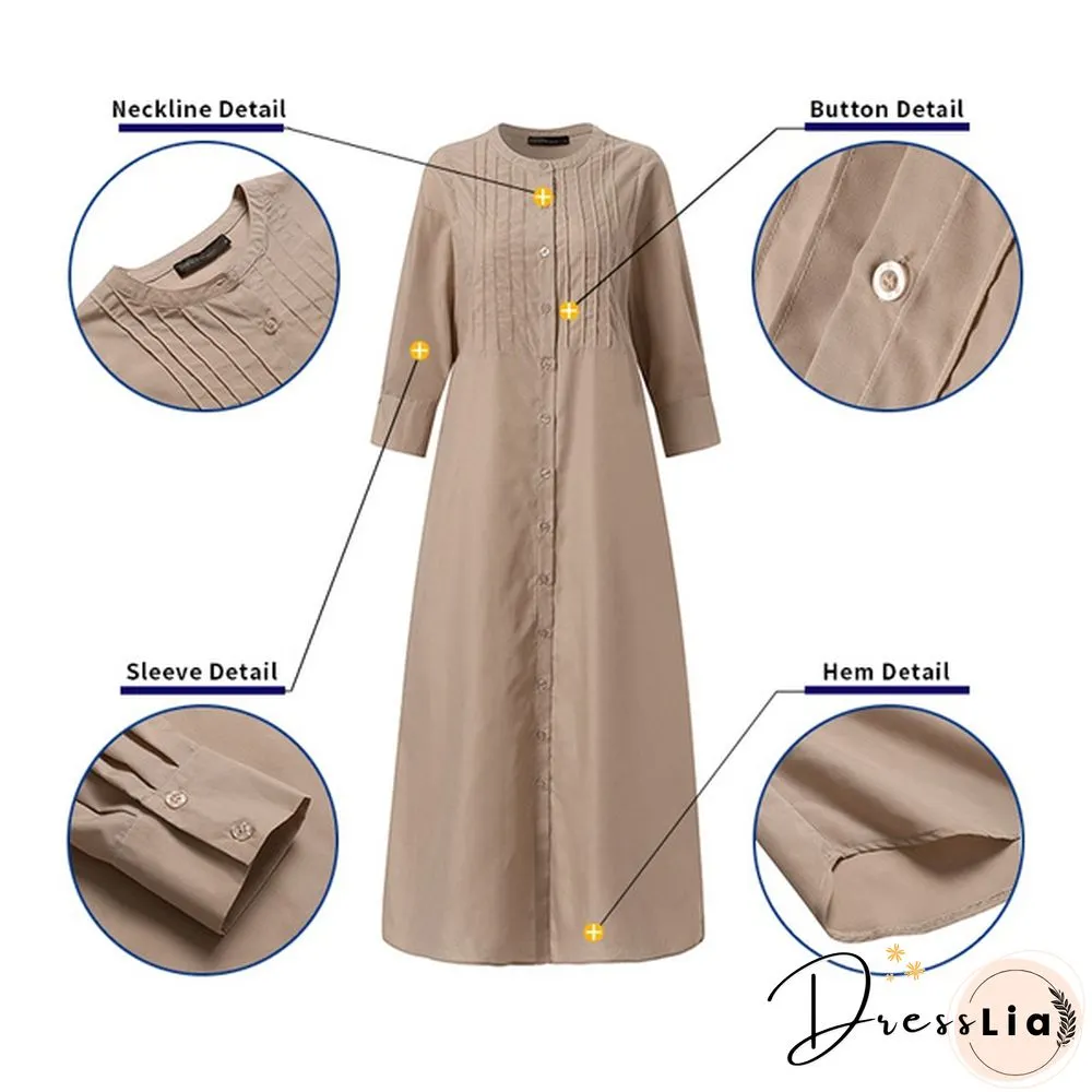 Ladies Spring Casual Kaftan Solid Sleeve Holiday Loose Top Pleated Long Dress Plus Size