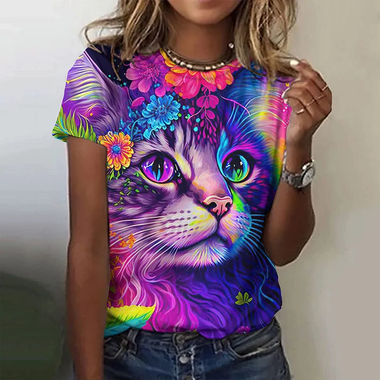 Women's Cute Art Oil Painting Cat Print T-Shirt Crew Neck Short Sleeve Cartoon Full Cat Print Tee